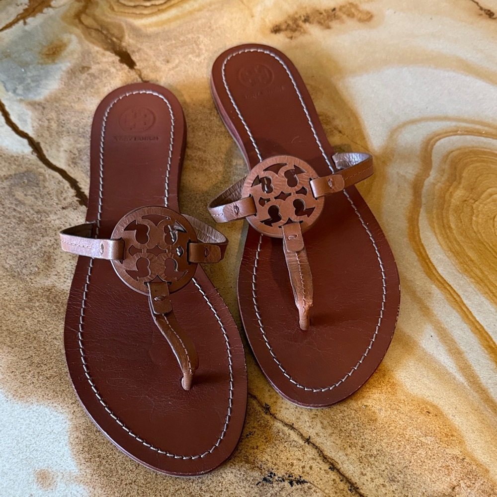 Tory Burch Brown Mini Miller Leather Thong Sandals